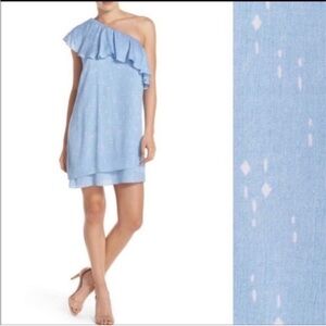 Charles Henry Shift Mini Dress One Shoulder Ruffle Pastel Blue Dot Medium Summer